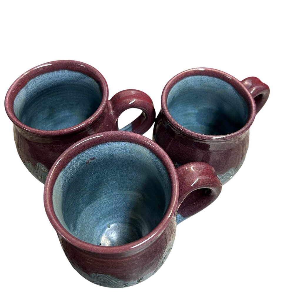 Vintage Brownish Purple Teal Handmade Pottery Coffee Cup Mug Lot of 3 - Picture 4 of 5